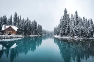 Snow-covered cabin beside a turquoise river with pine trees and snowfall in a winter landscape