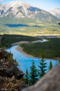 Winding river through forested valley with rocky foreground and snow-capped mountains behind.