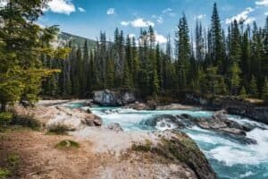 Clear blue river flowing through rocky terrain with evergreen trees and mountains.