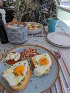 Breakfast plate with fried eggs on toast, grilled tomato with cheese, diced ham, potted plant, blue mug.