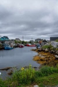 Small harbor with colorful boats docked, rocky seaweed shoreline, houses, and cloudy sky.