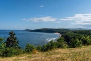 Coastal shoreline with forest and distant mountains Coastal view with blue sea, forested shoreline, grassy foreground, and distant mountains under blue sky.
