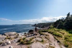 Person standing on coastal path between ocean and forest Person standing on rocky coastal path with ocean to the left and forested area to the right